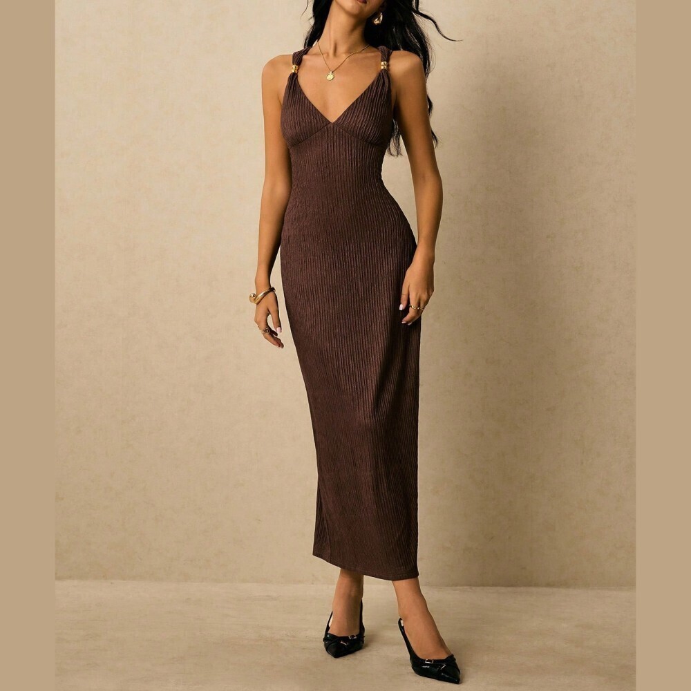 Chocolate Brown Ribbed Knit Maxi Dress With Gold Ring Straps